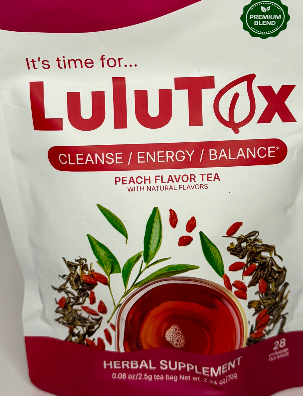 LULUTOX Detox Tea – Peach Flavor | Dandelion & Ginseng | 28 Servings